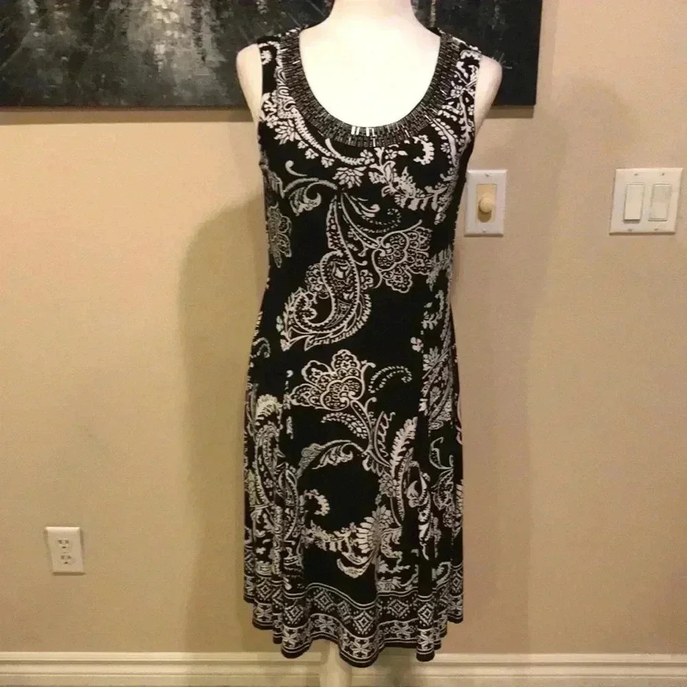 JM Collection Black & White paisley design w/embellished Neckline-PS & PM